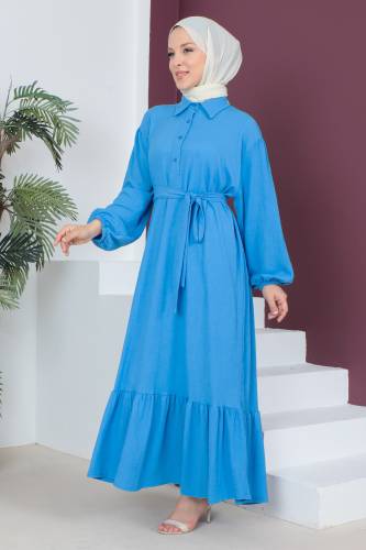 Eteği Volanlı Bürümcük Elbise TSD230515 Mavi - 4