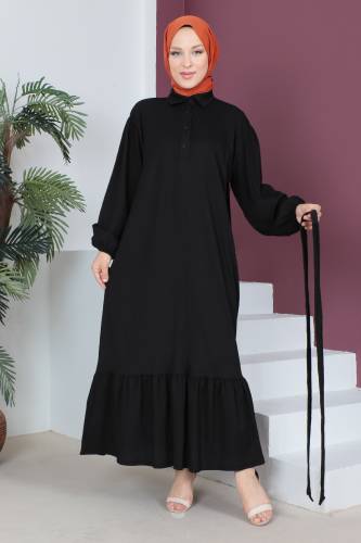 Eteği Volanlı Bürümcük Elbise TSD230515 Siyah - 3