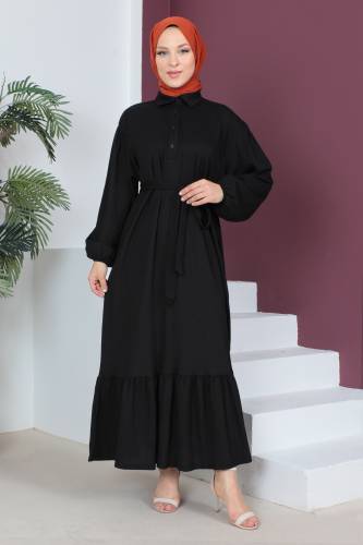Eteği Volanlı Bürümcük Elbise TSD230515 Siyah - 1