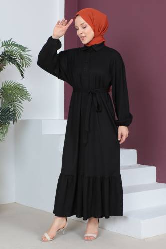 Eteği Volanlı Bürümcük Elbise TSD230515 Siyah - 4