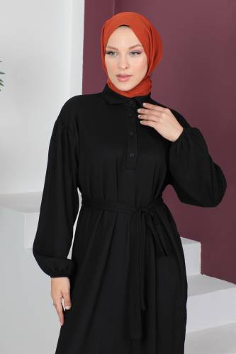 Eteği Volanlı Bürümcük Elbise TSD230515 Siyah - 2