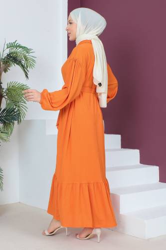 Eteği Volanlı Bürümcük Elbise TSD230515 Turuncu - 5