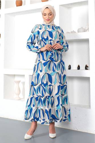 Eteği Volanlı Desenli Elbise TSD230221 Mavi - 3