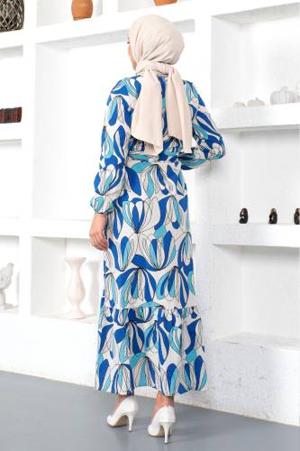 Eteği Volanlı Desenli Elbise TSD230221 Mavi - 5