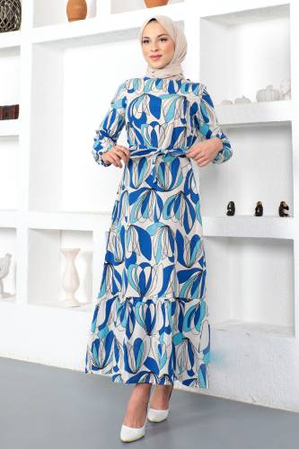 Eteği Volanlı Desenli Elbise TSD230221 Mavi - 1