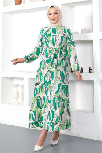Eteği Volanlı Desenli Elbise TSD230221 Yeşil - 3