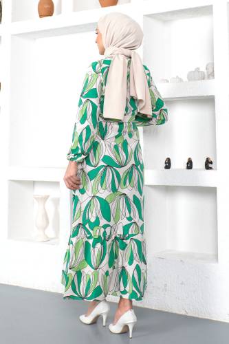Eteği Volanlı Desenli Elbise TSD230221 Yeşil - 5