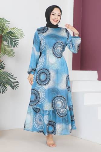 Eteği Volanlı Elbise TSD230604 Mavi - 4