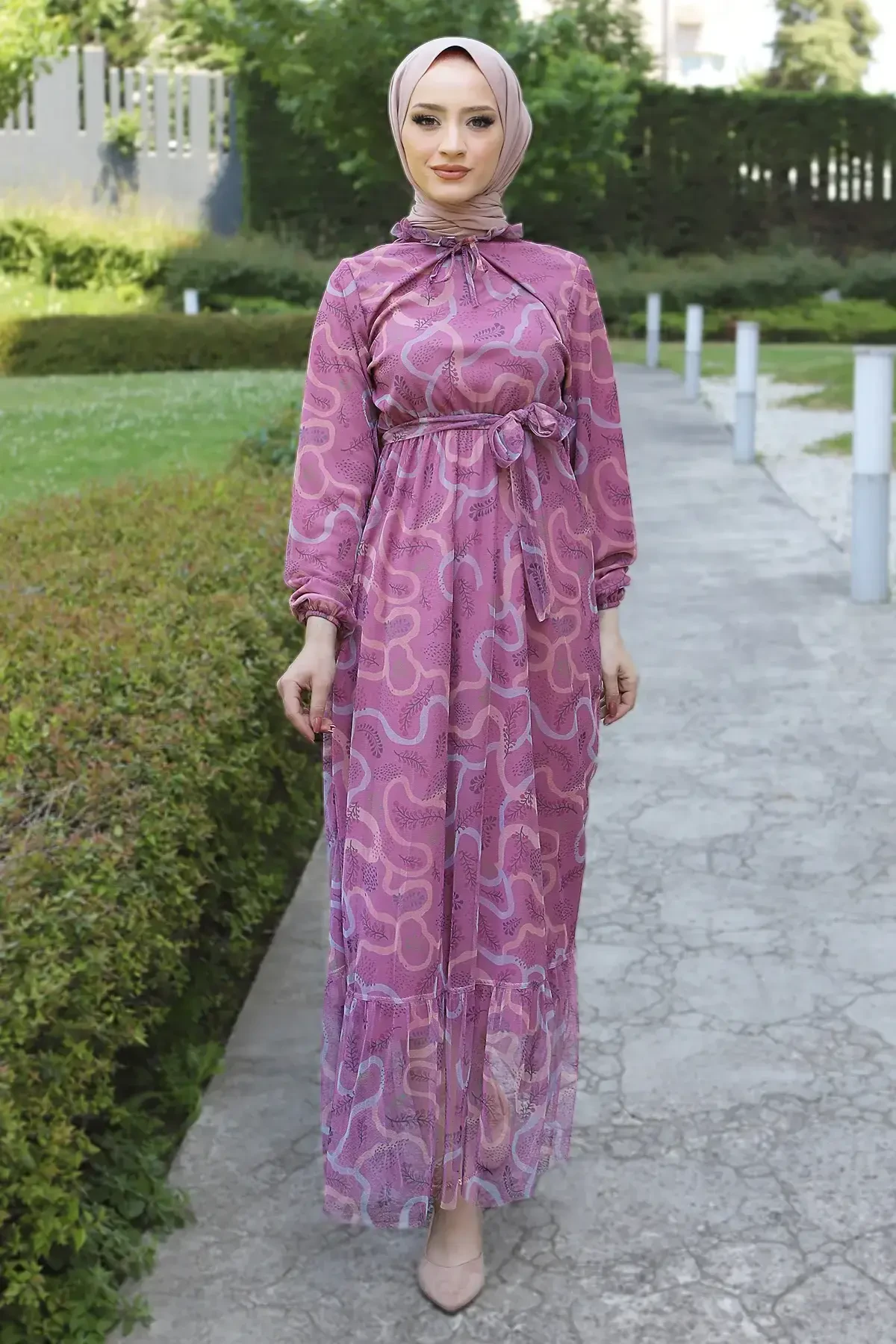 Eteği Volanlı Tül Elbise TSD220527 Lila - Tesettür Dünyası