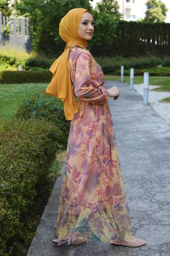 Eteği Volanlı Tül Elbise TSD220527 Sarı - 4