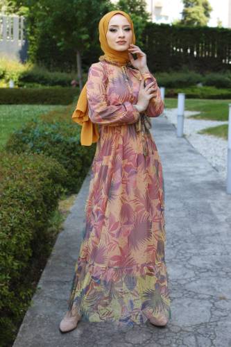 Eteği Volanlı Tül Elbise TSD220527 Sarı - 2