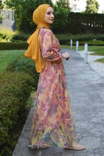 Eteği Volanlı Tül Elbise TSD220527 Sarı - 5