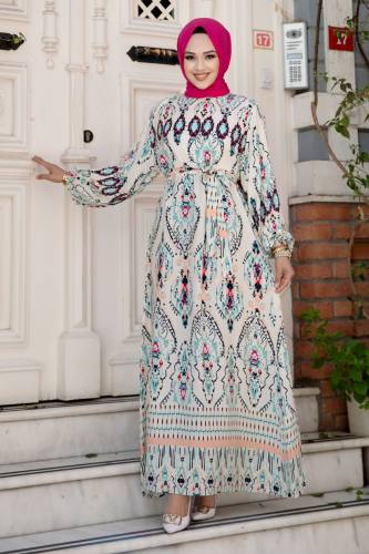 Etnik Desenli Beli Kuşaklı Viskon Elbise TSD240505 Beyaz - Tesettür Dünyası