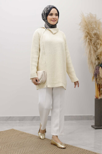 Fermuar Detaylı Triko Tunik TSD250254 Bej - 1