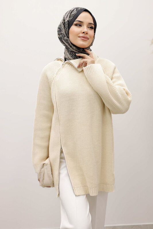 Fermuar Detaylı Triko Tunik TSD250254 Bej - Tesettür Dünyası (1)