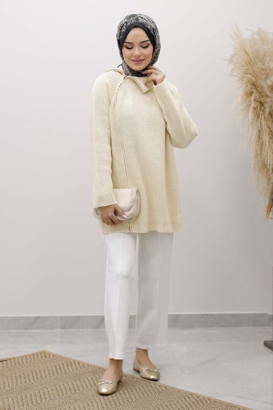 Fermuar Detaylı Triko Tunik TSD250254 Bej - 4