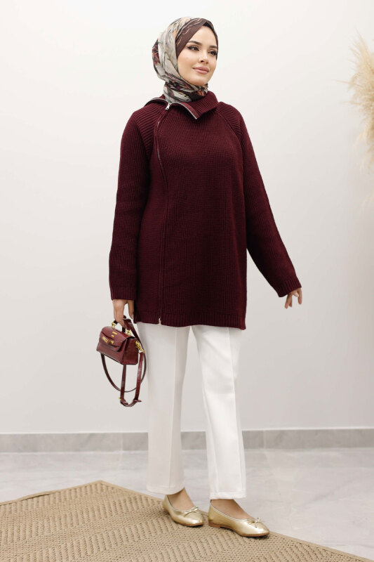 Fermuar Detaylı Triko Tunik TSD250254 Bordo - Tesettür Dünyası