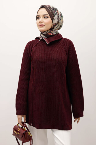 Fermuar Detaylı Triko Tunik TSD250254 Bordo - 2