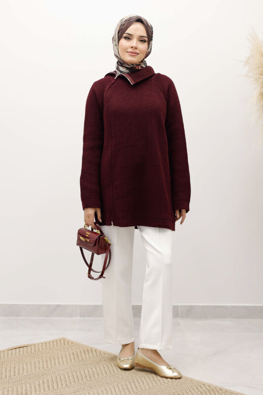 Fermuar Detaylı Triko Tunik TSD250254 Bordo - 3