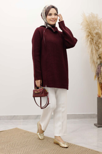 Fermuar Detaylı Triko Tunik TSD250254 Bordo - 4