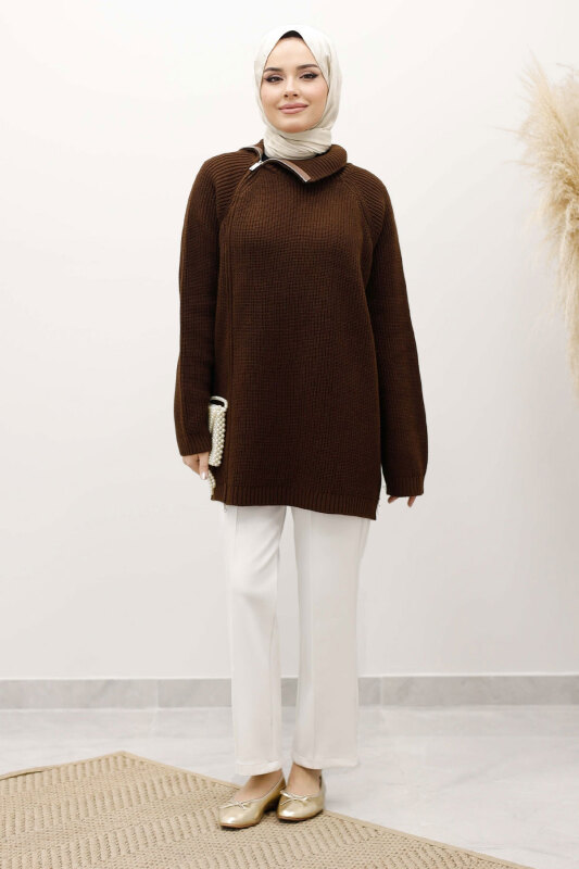 Fermuar Detaylı Triko Tunik TSD250254 Kahverengi - TESETTÜR DÜNYASI (1)
