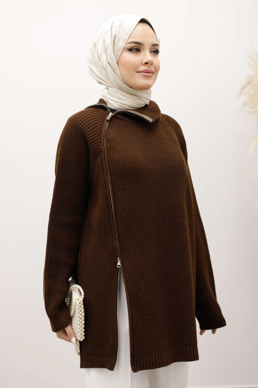 Fermuar Detaylı Triko Tunik TSD250254 Kahverengi - TESETTÜR DÜNYASI