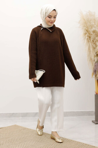 Fermuar Detaylı Triko Tunik TSD250254 Kahverengi - 3