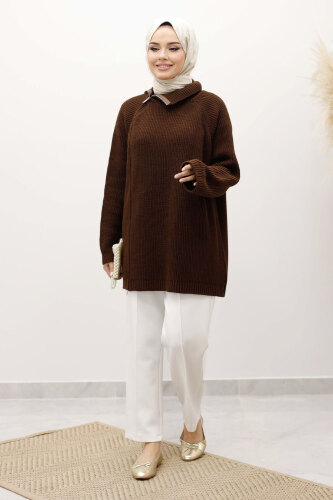 Fermuar Detaylı Triko Tunik TSD250254 Kahverengi - 5