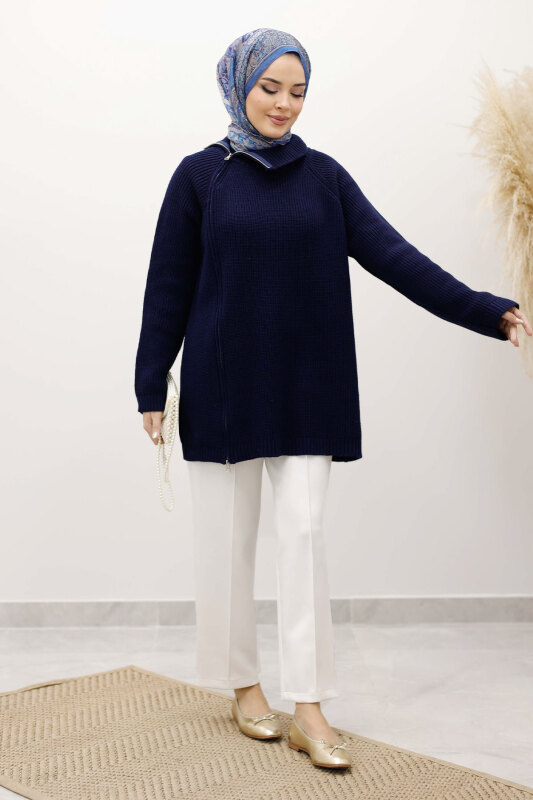 Fermuar Detaylı Triko Tunik TSD250254 Lacivert - 3