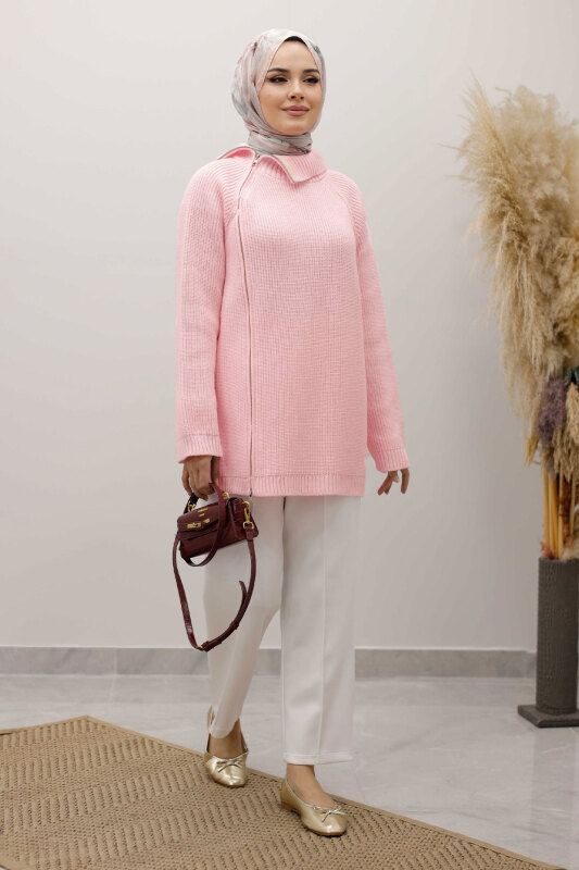 Fermuar Detaylı Triko Tunik TSD250254 Pembe - 4