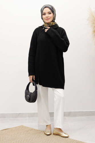 Fermuar Detaylı Triko Tunik TSD250254 Siyah - 1
