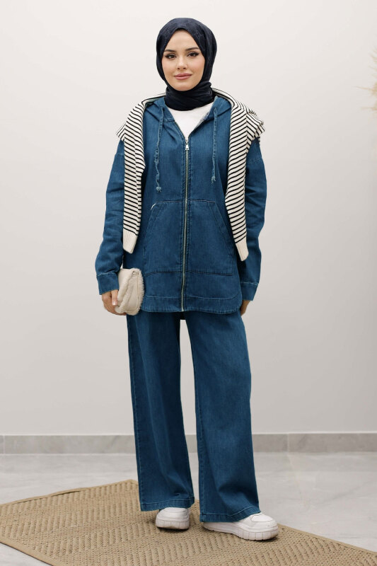 Fermuarlı Kapüşonlu Kot Takım TSD250250 Açık Mavi - Tesettür Dünyası