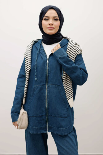 Fermuarlı Kapüşonlu Kot Takım TSD250250 Açık Mavi - 2