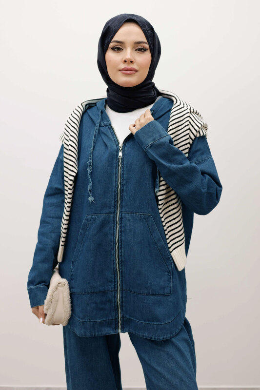 Fermuarlı Kapüşonlu Kot Takım TSD250250 Açık Mavi - Tesettür Dünyası (1)