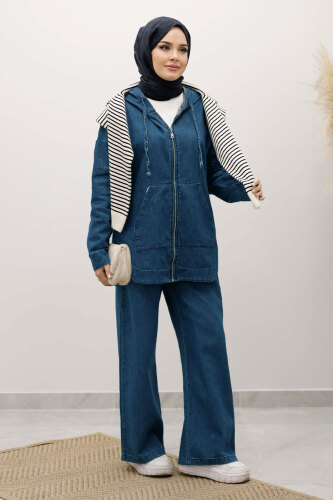 Fermuarlı Kapüşonlu Kot Takım TSD250250 Açık Mavi - 3