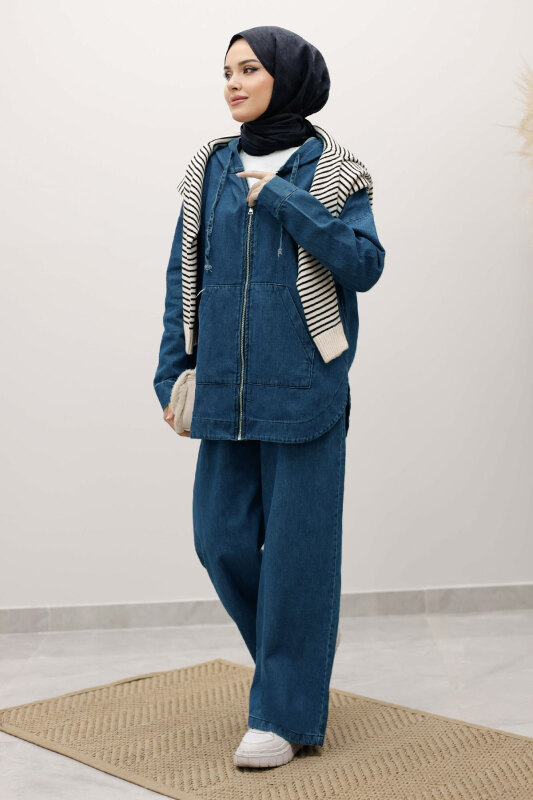 Fermuarlı Kapüşonlu Kot Takım TSD250250 Açık Mavi - 4