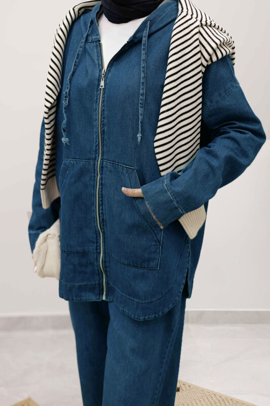 Fermuarlı Kapüşonlu Kot Takım TSD250250 Açık Mavi - 5