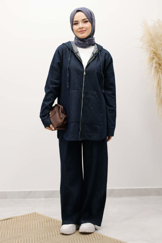 Fermuarlı Kapüşonlu Kot Takım TSD250250 Koyu Mavi - Tesettür Dünyası
