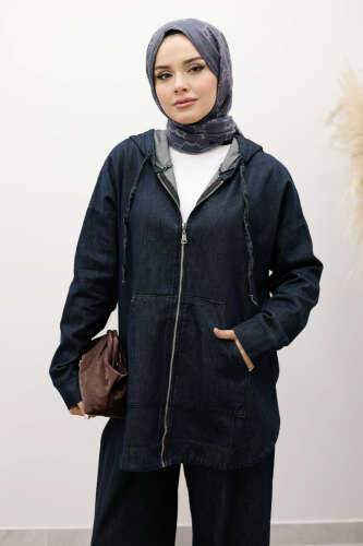 Fermuarlı Kapüşonlu Kot Takım TSD250250 Koyu Mavi - 2