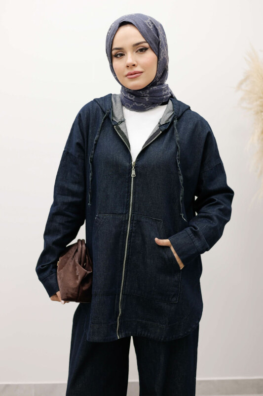 Fermuarlı Kapüşonlu Kot Takım TSD250250 Koyu Mavi - Tesettür Dünyası (1)