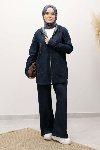 Fermuarlı Kapüşonlu Kot Takım TSD250250 Koyu Mavi - 4