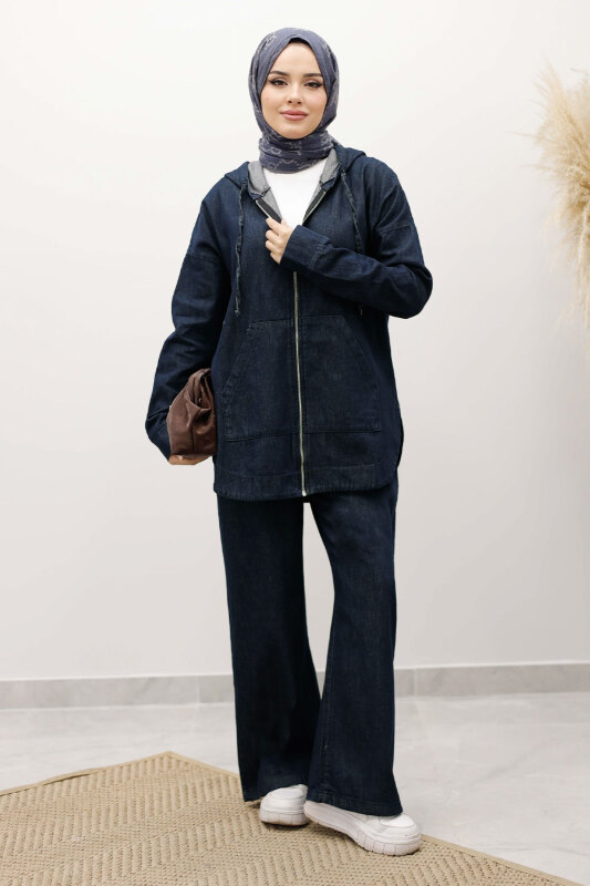 Fermuarlı Kapüşonlu Kot Takım TSD250250 Koyu Mavi - 4