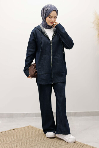 Fermuarlı Kapüşonlu Kot Takım TSD250250 Koyu Mavi - 5