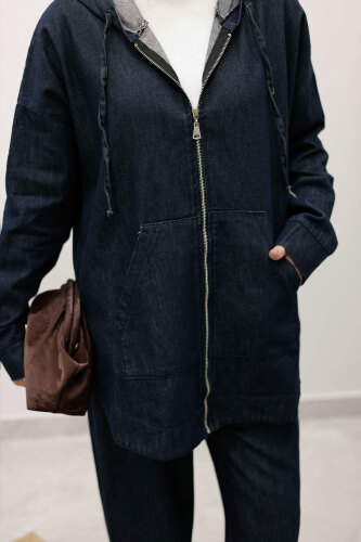 Fermuarlı Kapüşonlu Kot Takım TSD250250 Koyu Mavi - 6