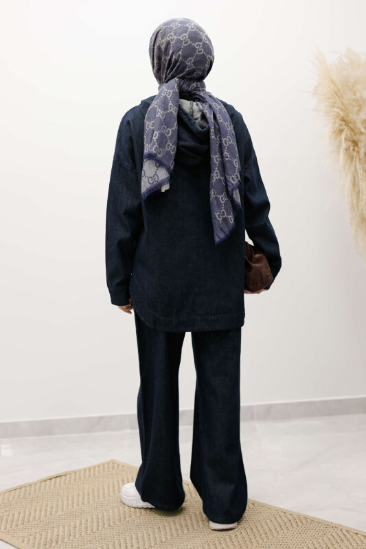 Fermuarlı Kapüşonlu Kot Takım TSD250250 Koyu Mavi - 7