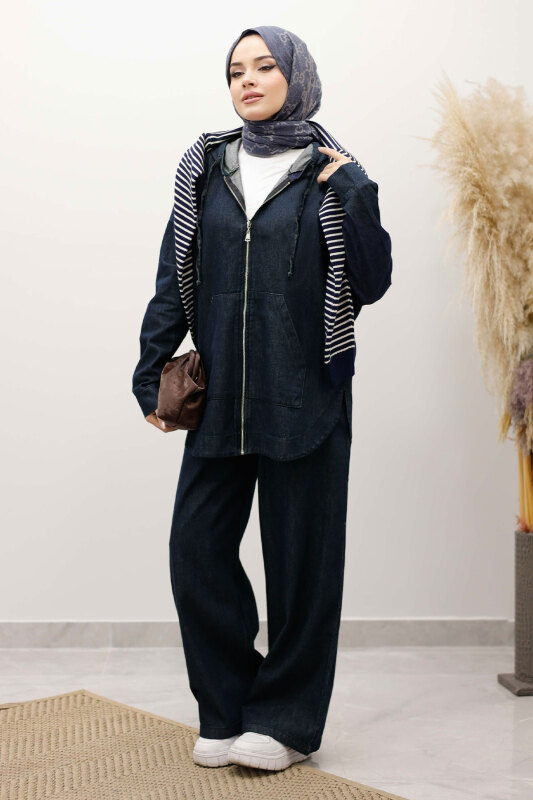 Fermuarlı Kapüşonlu Kot Takım TSD250250 Koyu Mavi - 1