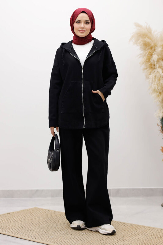 Fermuarlı Kapüşonlu Kot Takım TSD250250 Siyah - 1