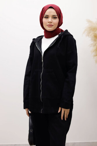 Fermuarlı Kapüşonlu Kot Takım TSD250250 Siyah - 2