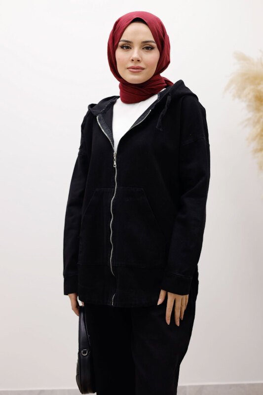 Fermuarlı Kapüşonlu Kot Takım TSD250250 Siyah - 2