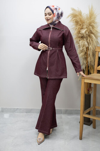 Fermuarlı Kemerli İkili Takım TSD260186 Bordo 